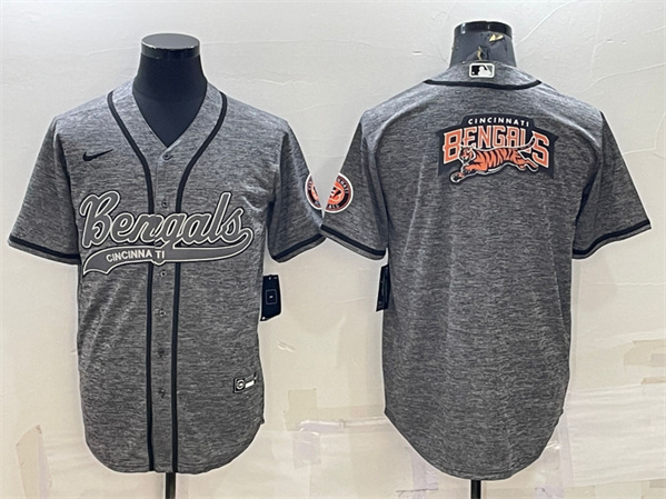 Men's Cincinnati Bengals Gray Team Big Logo With Patch Cool Base Stitched Baseball Jersey